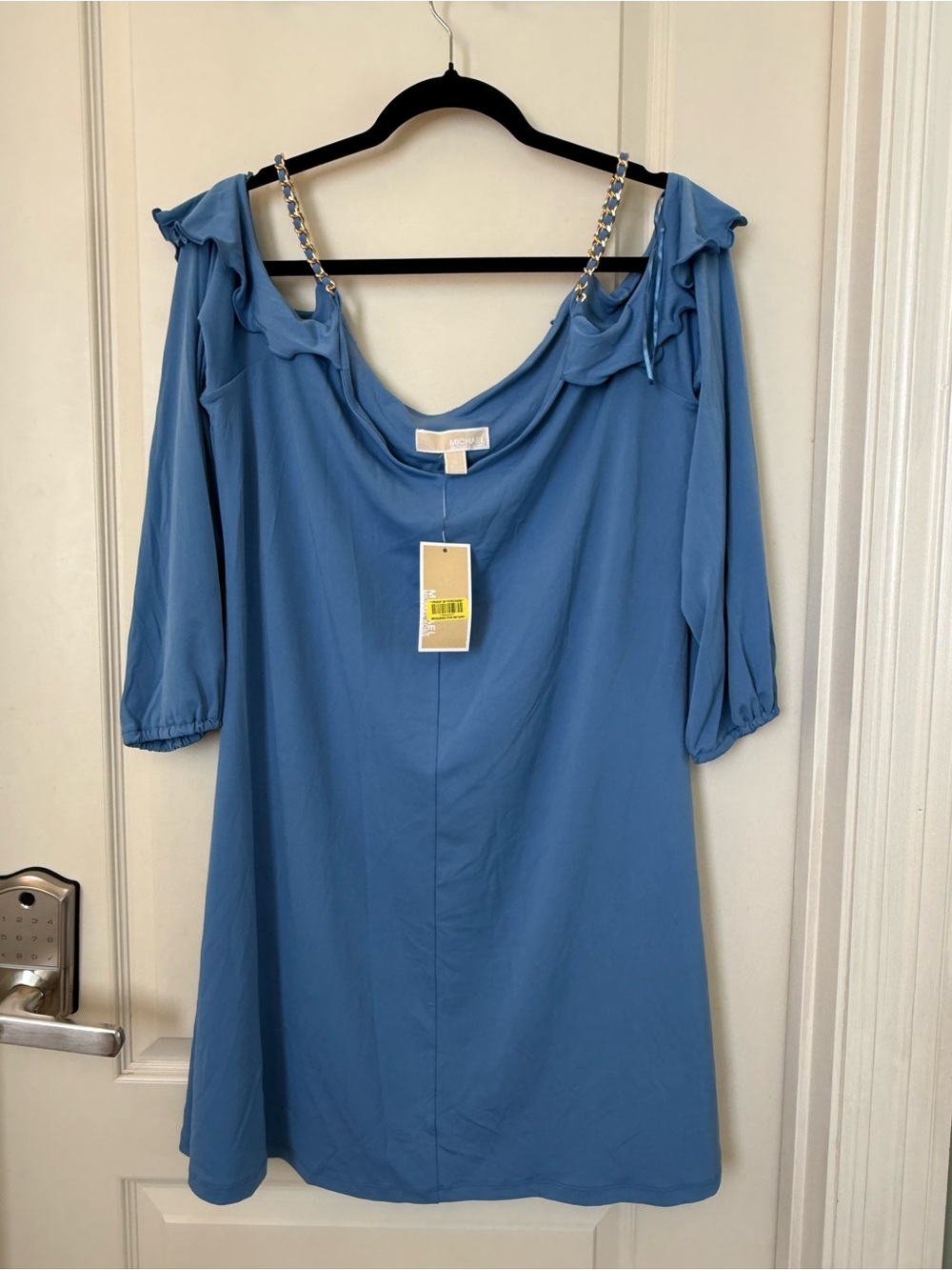 Michael Kors Sky Blue Cold-Shoulder Midi Dress with Chain Straps